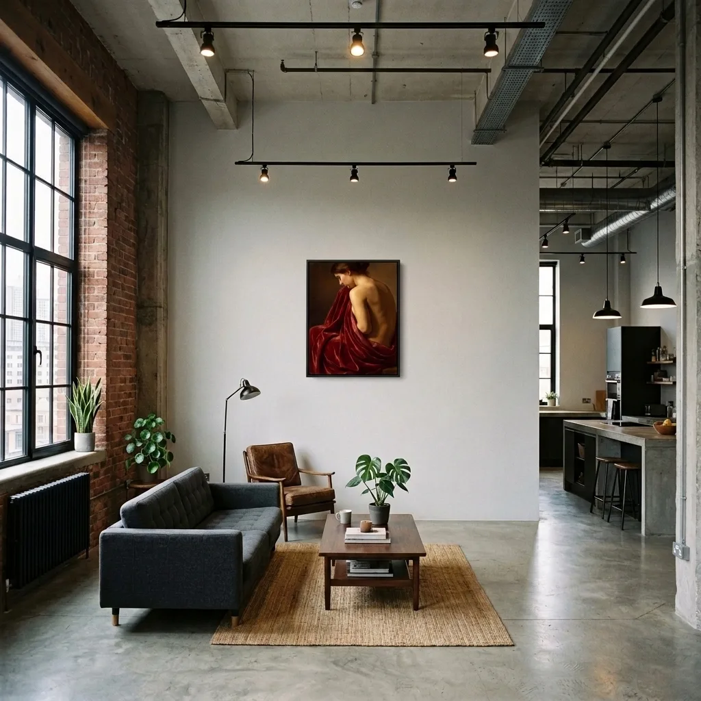 Frau in Karminrot — im Interieur
