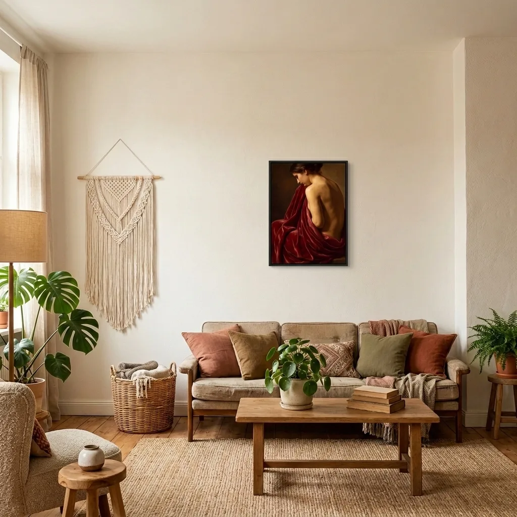 Frau in Karminrot — im Interieur