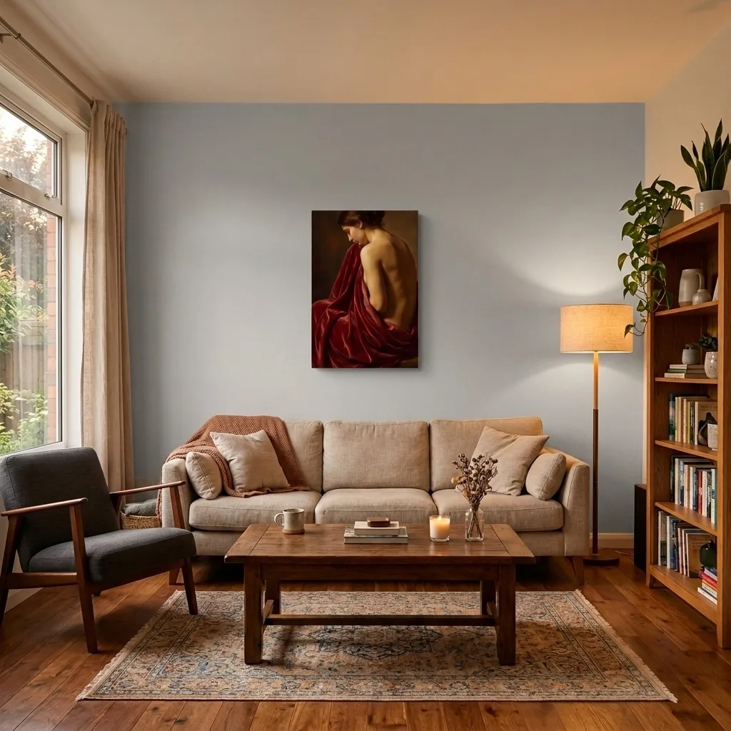 Frau in Karminrot — im Interieur