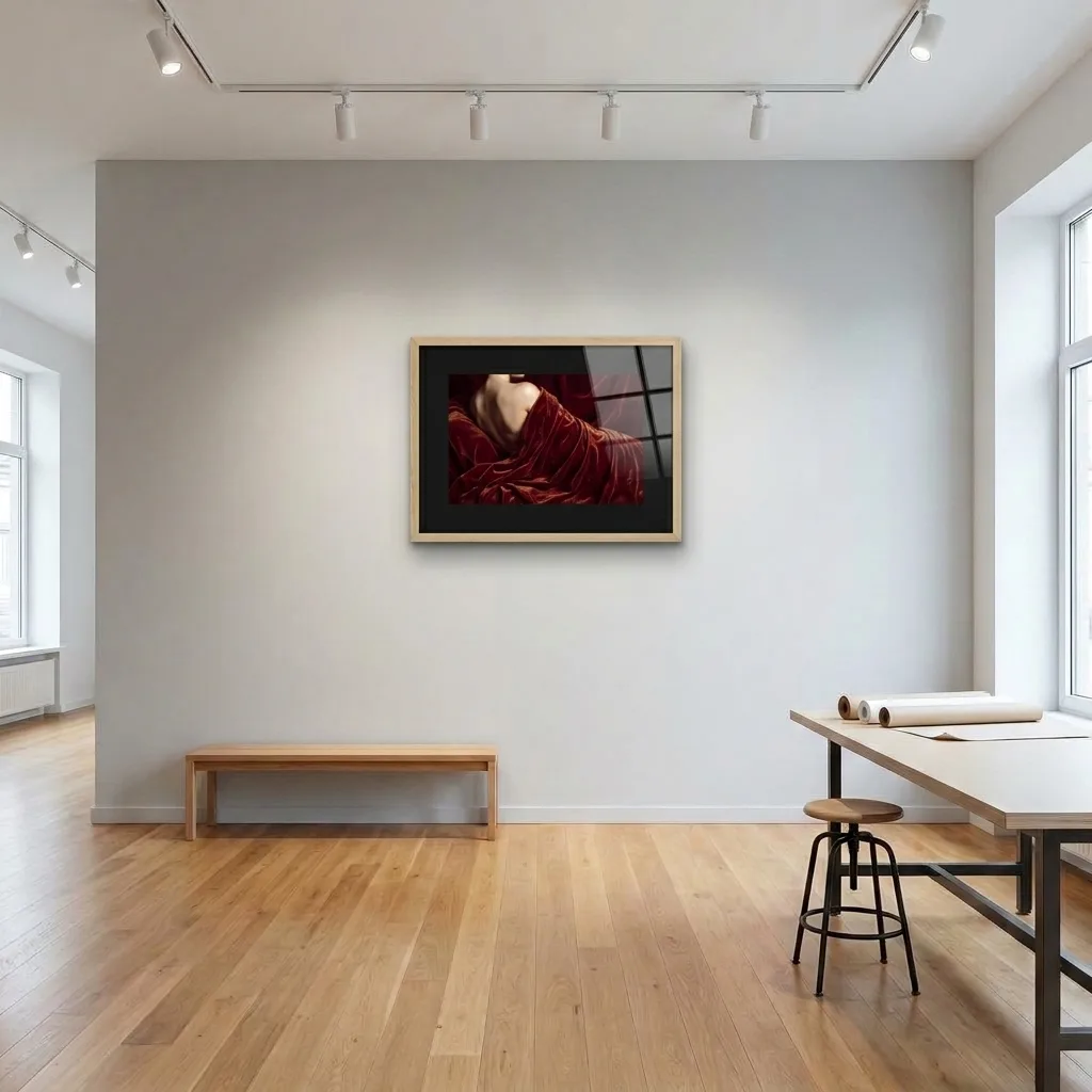 Crimson and alabaster — in a room